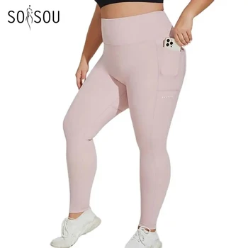 SOISOU XL~4XL Gym Gym Leggings Yoga Oversized Moteriškos kelnės Dvi šoninės kišenės Įtemptas Kvėpuojantis Elastingas Aukštas juosmuo Moteriški drabužiai