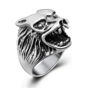 Fashion 925 Sidabru dengtas nerūdijantis plienas Graviruotas vilkas Vintažinis senas žiedas atrodo sidabro atspalvio vilko galvos prekės ženklas Vyriški žiedų papuošalai