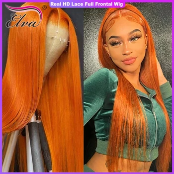 Ginger Orange Nėrinių priekis Žmogaus plaukų perukas 13x6 Kaulas Tiesus Brazilijos žmogaus plaukų perukai Iš anksto nupeštas skaidrus nėrinių priekinis perukas