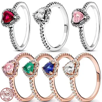 925 Sterlingo sidabro raudonas širdies žiedas Spalvingas krištolo žiedas tinka žavingoms apyrankėms 