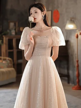 Paprasta svarainių suknelė 2023 Aukšto lygio blizgučiai Pūstos rankovės pamergės suknelės Moteriški nauji blizgučiai Banketiniai chalatai