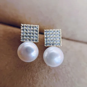 Kvadratinis dizainas su 7-8 mm natūraliais gėlavandenių perlų smeigių auskarais Juvelyrikos dovanos 