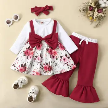 3vnt Baby Girl drabužių rinkiniai False Straps, Bow Top & Flare Pants 2023 Nauja mada Kūdikių spausdinimas Patchwork kostiumai Aprangos elementai