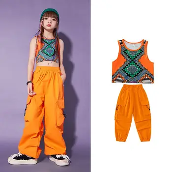 Vasaros mergaičių džiazo šokių kostiumai Vaikai Hiphop gatvės šokių apranga Spausdinta viršutinė oranžinė kelnės Vaikų scenos šou Kpop apranga