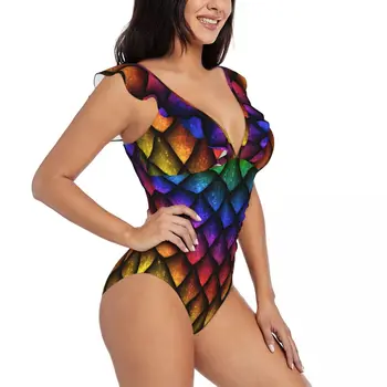 Ruffled Vieno gabalo maudymosi kostiumėlis Moterys Spalvingos drakono svarstyklės 1 Seksualūs nėriniai Aukštyn Monokini maudymosi kostiumėliai Girl Beach maudymosi kostiumas