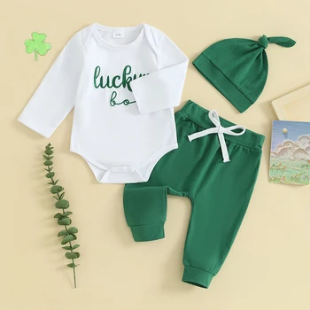 2023-12-26 Lioraitiin naujagimio St. Patrick's Day apranga Baby Boy Apranga ilgomis rankovėmis Letter Romper Kelnės Kepurė Kūdikių drabužių komplektas