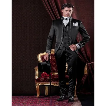 Prabangūs juodi vyriški kostiumai Išskirtiniai 3 dalių švarko kelnės Liemenė Vienvietis vestuvinis švarkas Aukštos kokybės individualus kostiumas Homme