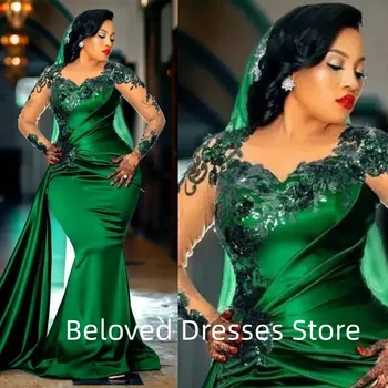 Tamsiai žalia undinėlė vakarinė suknelė Skaidri ilgomis rankovėmis nėrinių aplikacijos suknelė Ball Dress Oficialus vakarėlis SecondReceptionWear Plus Size
