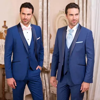Royal Blue Vyriškas kostiumas Fashion Shawl Lapel 3 Piece Party Prom Wedding Tuxedo Formal Full Men's Suit Slim Fit (Blazer+Vest+Pants)