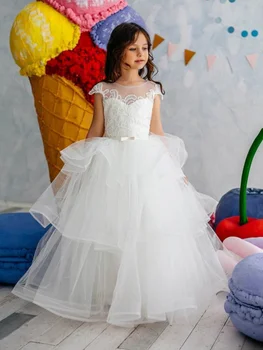 Baltos gėlėtos mergaitės suknelės Tiulis Pūstos aplikacijos Pakopos be rankovių vestuvių gimtadienio vakarėliui Pirmosios Komunijos chalatai
