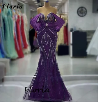 Off Shoulder Purple Mermaid Celebrity Dresses Elegant Beaded Pearls Wedding Party Gowns Robes De Soiree Dubai Vakarinė suknelė 2023