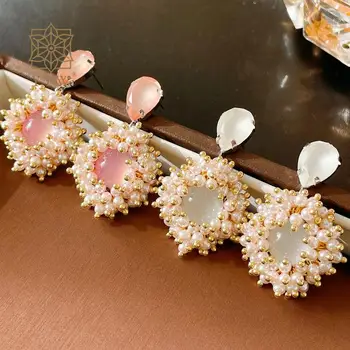 Imitacijos perlų lašo auskaras permatomas rožinis lankelis ašaros formos pakabukas auskaras moteris auksinės spalvos dengti prabangūs papuošalai 2023