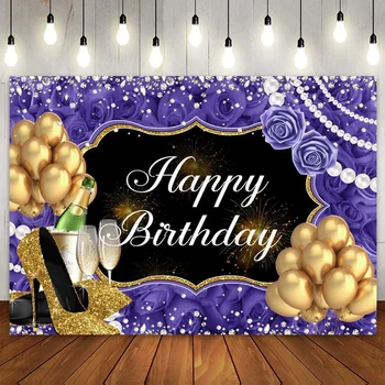 Violetinė ir auksinė gimtadienio vakarėlio reklamjuostė Fonas Aukštakulniai ir šampano balionai Perlų deimantai Fonas Mielos merginos Moterys