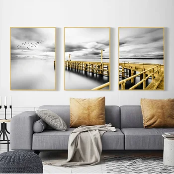 Modernus nespalvotas peizažas Auksinis tiltas Paukščiai Drobė Tapyba Jūros peizažo scena Sienų iliustracijos paveikslėliai svetainės namų dekorui