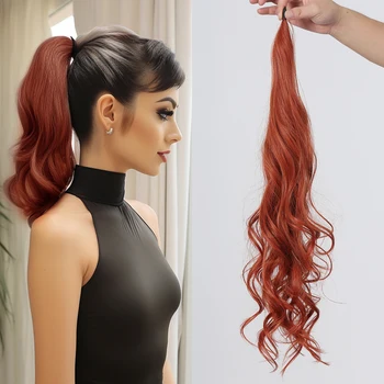 Sintetinis ilgas banguotas ponystail plaukų priauginimas Lankstus apvyniojimas aplink ponytail raudonai ruda netikrų plaukų uodega moterims Natūralus plaukų kirpimas