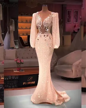 Floria Sparkly Undinės vakarėlio suknelės Oficialios ilgomis rankovėmis Dubajaus dizaino vakarinės suknelės chalatai De Soiree Coutures Karoliukai Prom chalatai