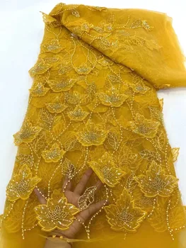 Auksinis 3D nėrinių audinys Afrikos prancūziškas siuvinėjimas Blizgučiai Tiulis Nėrinių audinys Prabangios Sunkios karoliukai Nuotakos vakarinės suknelės Vestuviniai nėriniai