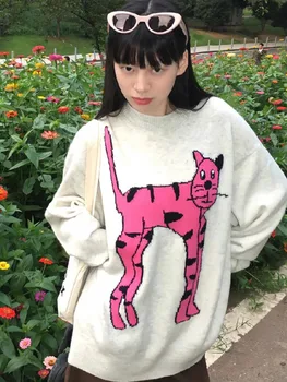 ADAgirl Funny Cat Grafiniai megztiniai Moterys Y2k Streetwear trikotažas ilgomis rankovėmis Megztiniai Megztiniai Korėjiečių mada Crewneck Žieminiai drabužiai