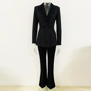 Moteriškas kostiumas Juodas prabangus aukštos kokybės mados vestuvinių suknelių vakarėlis Ball Crystal Beaded Suit Coat+Micro Flared Pants Dviejų dalių komplektas