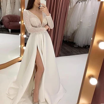 Prom suknelė 2022 Moterų oficiali vakarėlių naktis Elegantiška A-Line O-Neck Vestidos De Gala ilgomis rankovėmis Satin Sexy Long Evening Chanetai