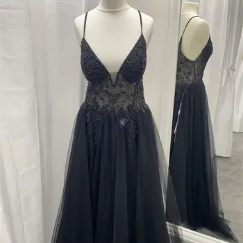 Aileen Black Mesh Beaded V-neck A-line vestuvinė suknelė Moteris Elegantiškos oficialios nuotakos suknelės Prabangus vakarėlis Long Women's New