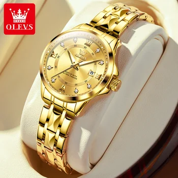 OLEVS Moteriški laikrodžiai Prabangus mados auksas Mažas rankinis laikrodis moterims Originalus vandeniui atsparus Rombas Nerūdijančio plieno dirželis Data