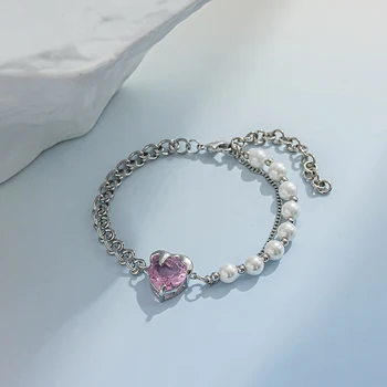LIUERXIN Retro Versatile Pink Heart Zircon Stitching Shell Pearl Chain Bracelet Ladies Fashion Trend High Jewelry Accessories