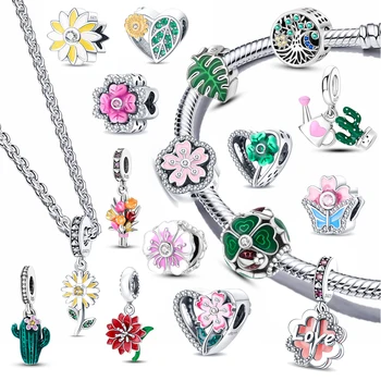 Flower Series Fit Pandora Original Bracelet 925 Silver Flower Botany Cherry Clover Charms Bead For Woman Girl Diy Jewellery Gift