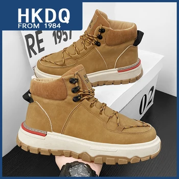 HKDQ Winter High Top Vyriški laisvalaikio sportbačiai Fashion Khaki patogūs platforminiai batai Vyrai lauke neslystantys vyriški odiniai kulkšnies batai