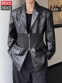 Runway Pu odinis vyriškas kostiumas Striukė Pavasario ruduo Naujas dizaineris Mados sujungtas užtrauktukas Juodi švarkai Lapel High Steet Casual Coat