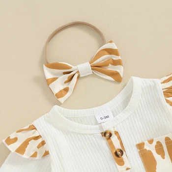Naujagimis Baby Girl Vasariniai drabužiai Ruffle Trumpomis rankovėmis Briaunotas Romper Top Leopard šortai Galvos juosta 3Vnt Mielas aprangos komplektas