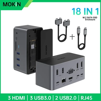 MOKiN 18 in 1 prijungimo stotis USB C į dvigubą HDMI adapterį SD / TF, VGA, PD100W, RJ45, Thunderbolt 3, SSD korpusas, skirtas MacBook Pro / Air