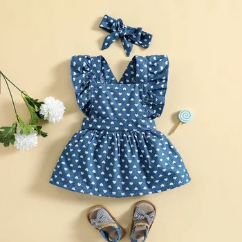 Baby Girl džinsinė suknelė 2vnt komplektas vaikiškas bendras sijonas 3-18M mažylio širdis Spausdinti kaubojiški drabužiai su galvos juosta
