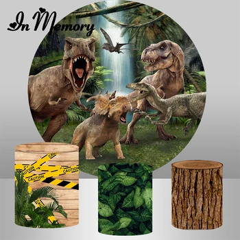 InMemory Forest Jurassic Dinosaur Round Background Cover Boys Birthday Party Circle Background Wood Green Leaves Pcokolio viršeliai