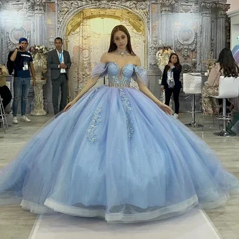Sky Blue Quinceanera suknelės Meksikos merginoms Ball Gown Sweet 16 Princess Nėrinių karoliukai Prom suknelė Vestido De 15 Anos