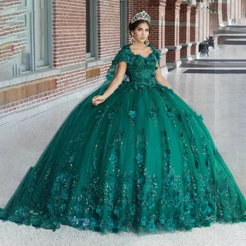 Emerald Hunter Green Flower Vestidos De 15 Años Quinceañeras suknelės 2024 3D gėlės Karoliukais Prabangūs gimtadienio princesės kamuoliniai chalatai