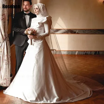 Musulmonai 2024 Dramblio kaulo aukšta apykaklė A-line vestuvinės suknelės Aplikacijos perlai Gėlės Šepetys Traukinys Grindų ilgis Nuotakos suknelė Chalatas de mariée