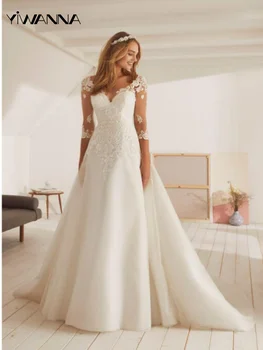 Romantiška mielaširdinga kaklo vestuvinė suknelė Klasikinė nėrinių aplikacijos suknelė Nuotakai Elegantiškas A linijos ilgas nuotakos chalatas Chalatas De Mariée