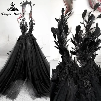 Gothic Black A Line vestuvinė suknelė 2023 High Side Split Backless Bridal Gowns Tiulis su plunksnų vintažiniu Vestidos De Novia chalatu