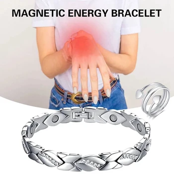 Magnetinė terapija Artritas Skausmo malšinimo apyrankės moterims Magnetinio plieno titano sveikata Sidabro spalvos apyrankė su kristalu