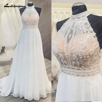 Lakshmigown Beach A Line vestuvinė suknelė 2024 Nėriniai Liemenė Šifonas Kaklas Moterys Vestido Novia