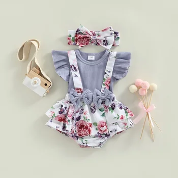 Baby Girl's Romper suknelė apvaliu kaklu raukinių rankovės peteliškės dekoruotos gėlėmis margintas pleistras sluoksniuotas kombinezonas + lanko galvos juosta