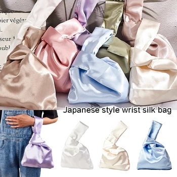 Japoniško stiliaus riešo krepšys Moterys Vintage Silky Tote rankinė Moteriškas audinys Art Riešo krepšys Moneta Piniginė Knot Bag Girl Key Phone Pouch