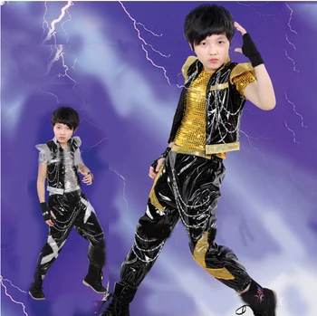Berniuko džiazo šokių kostiumų rinkinys Nauji vaikai Sequin Top & Harem kelnių rinkiniai Fashion Mordern Vaikų hiphopo drabužiai