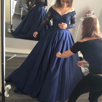 ANGELSBRIDEP Navy-Blue Quinceanera suknelės Vestidos De 15 Anos Sexy V-Neck ilgomis rankovėmis Aplikacija Pelenė Gimtadienio vakarėlio chalatai
