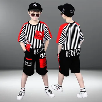 Vaikiški drabužių rinkiniai berniukams Sportiniai kostiumai trumpomis rankovėmis Vasaros vaikų sportiniai kostiumai Laisvalaikio paauglių drabužiai Berniukų dryžuoti kostiumai