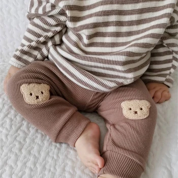 Rudens kūdikių medvilniniai drabužiai Korėjietiško stiliaus vafliniai kūdikiai berniukai mergaitės nešioja kelnes antblauzdžiai vaikai vaikai mieli dryžuoti marškiniai