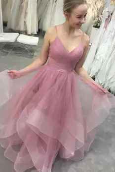 Elegantiškos ilgos rožinės tiulio blizgučiai Prom suknelės A-Line V-Neck Floor Length Vakarinės suknelės chalatas de soirée de mariage فساتين السهرة