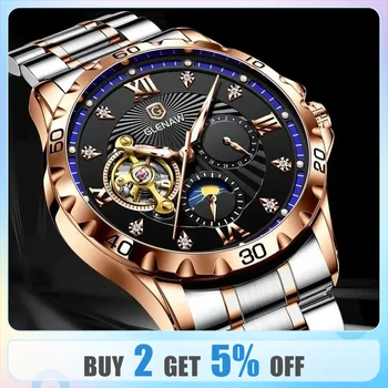 Relogios Masculino GLENAW vyriški laikrodžiai Aukščiausio prekės ženklo prabangus Reloj Hombre nerūdijančio plieno mėnulio fazės laikrodis Vyrai Montre Homme