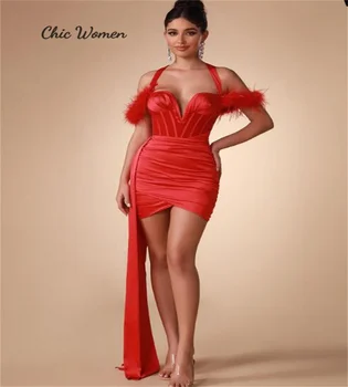 Seksuali plunksna raudona prom suknelė su traukiniu mini trumpas kokteilių vakarėlio sijonas Afrikos Dubajaus apykaklės išleistuvių vakarinė suknelė Homecoming